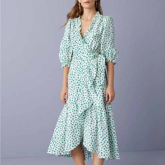 Rebecca Taylor Midi Wrap Dress Emerald Daisy Floral - Picture 1 of 13